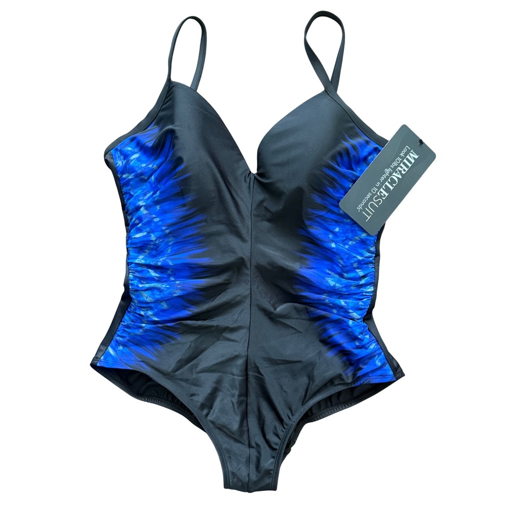 Miraclesuit Temptation One Piece Swimsuit Blue Black‎ Tummy Control Size 14 NEW